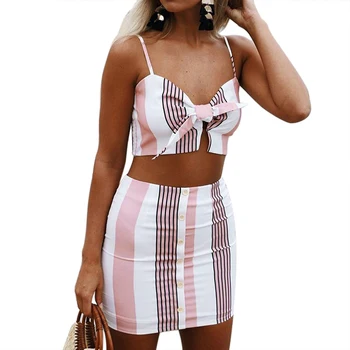 

Women Crop Top Mini Skirt Suit Pink Stripe Bowknot Outfits for Summer -MX8