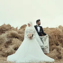 MZY841 long sleeve high neck muslim hijab vestido de noiva lace appliques traditional islamic wedding dress 2015