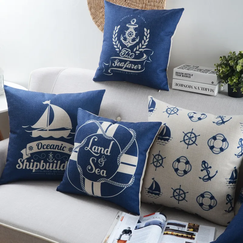 Nordic Style Mediterranean Sea Anchor Shell Throw Pillow Cover Case Cotton Linen Cushion Cover for Sofa Home Decor