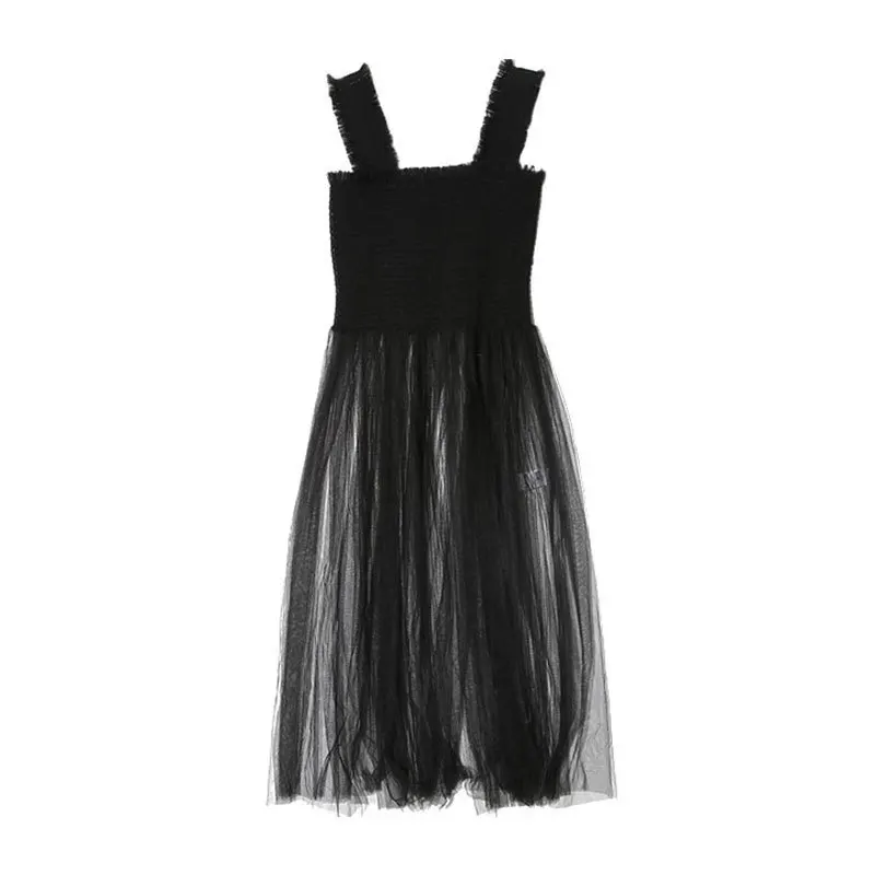 

LANMREM 2019 Spring Summer New Korean Style Loose Sleeveless Fashion Trend Women's Strap Mesh Long Strap Straight Dress QG055