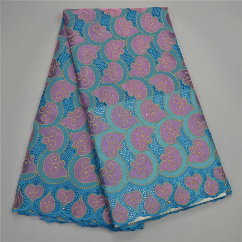 

2018 New arrived Wholesale African Swiss Voile Lace With Beads High Quality For women Decoration sky blue Cotton Lace Fabric