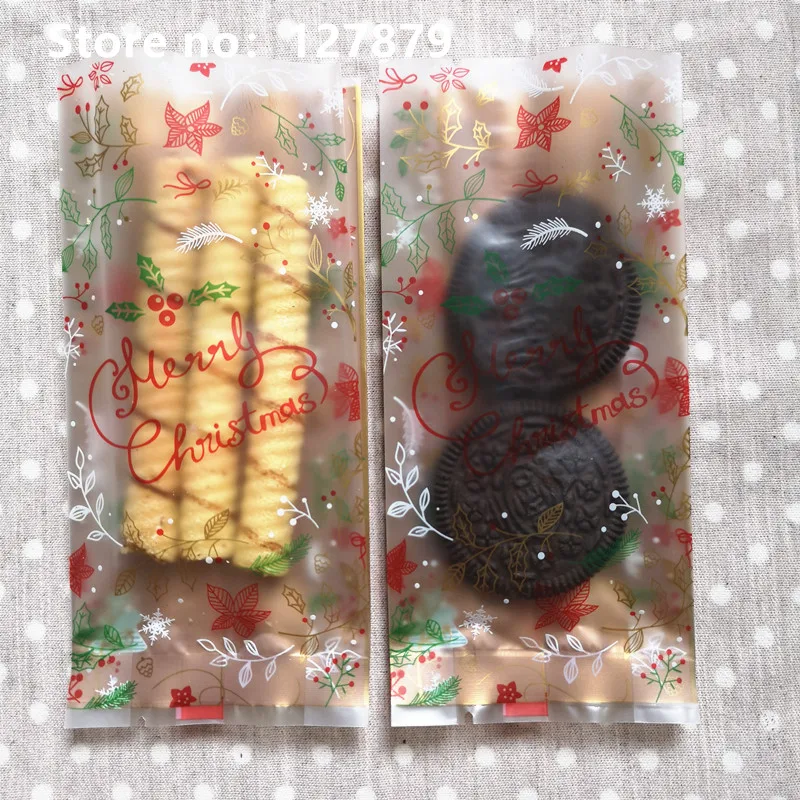 

50pcs 7*15cm Thicken "Merry Christmas"Christmas Flowers DIY Side Gusset Packaging Bags Snack Food Candy and Gift Cookie bags