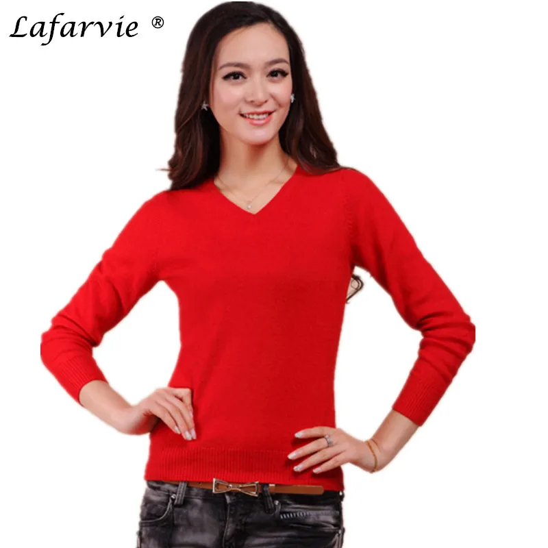 

Lafarvie Cashmere Blended Knitted Sweater Women Tops Winter Warm Woolen Pullover Female New 2019 Fashion V-Neck Colorful Jumper