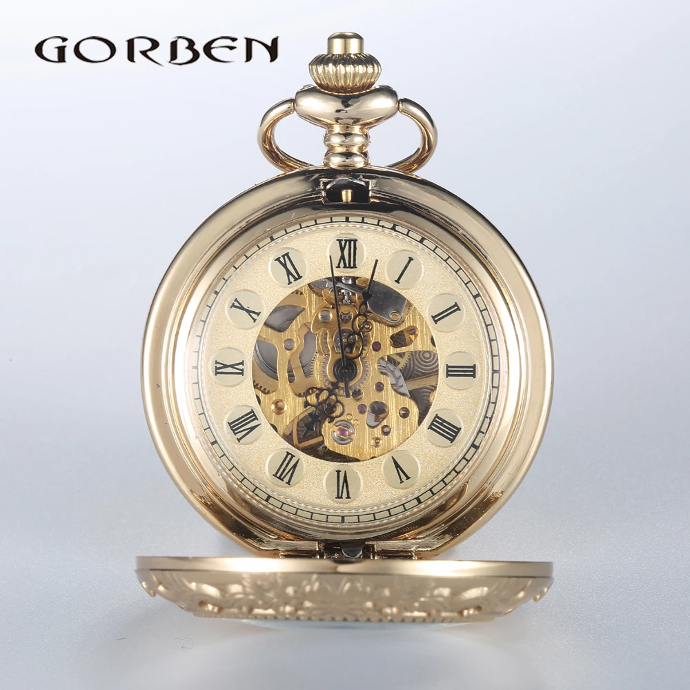 Римские цифры Скелет стимпанк золотые карманные часы с цепочкой 2 стороны Открытый чехол Роскошный бренд GORBEN Механические карманные часы