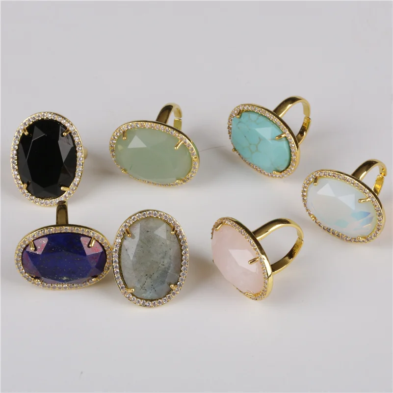 

oval cut black white pink blue green grey stone bead charm pave white cz crystal rim cycle open finger gold rings cuff for women