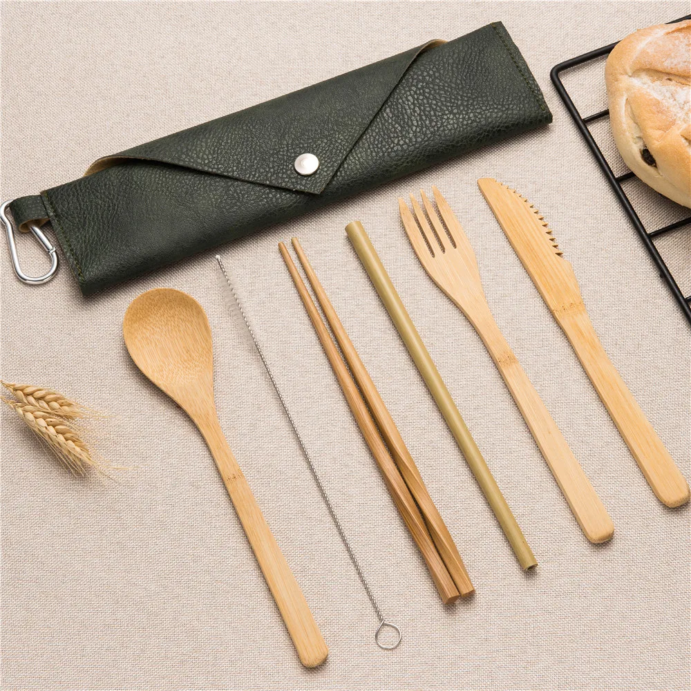 

Travel Wooden Tableware Set Eco Tableware Wooden Knife Chopsticks Fork Korean Spoon Set with Brush Cloth Bag Home Tableware Set