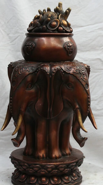 

JP S61 14" China Chinese Fengshui Bronze 4 Elephant Head Statue Treasure Wealth Bowl