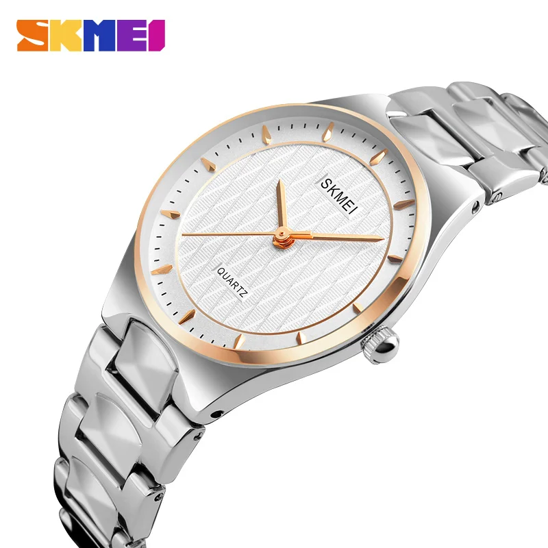 

SKMEI Women's Stainless Steel Watches Luxury Silver Quartz Wristwatches Ladies Waterproof Folding Clasp with Safety Watch Reloj
