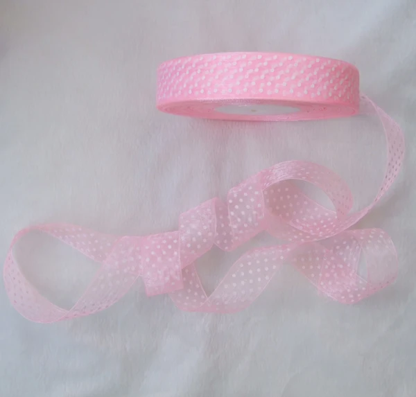 

Free Shipping 10Yards/Lot 1inch white point light pink bottom Organza ribbon