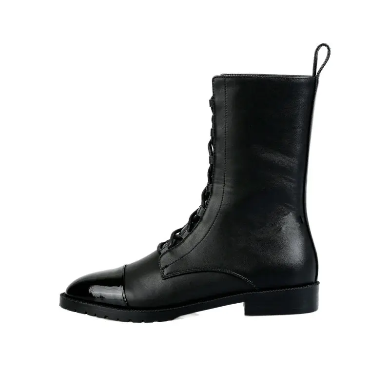 TXCNMB/; ботинки; женские ботильоны; зимняя обувь из натуральной коровьей кожи на квадратном каблуке; Цвет Черный; женская обувь на шнуровке - Цвет: Черный