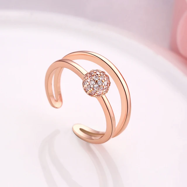 Women Open Geometric Wedding Ring Zircon Ball Rose Gold Color Filled Unique OL Rings For Ladies Bijoux Resizable