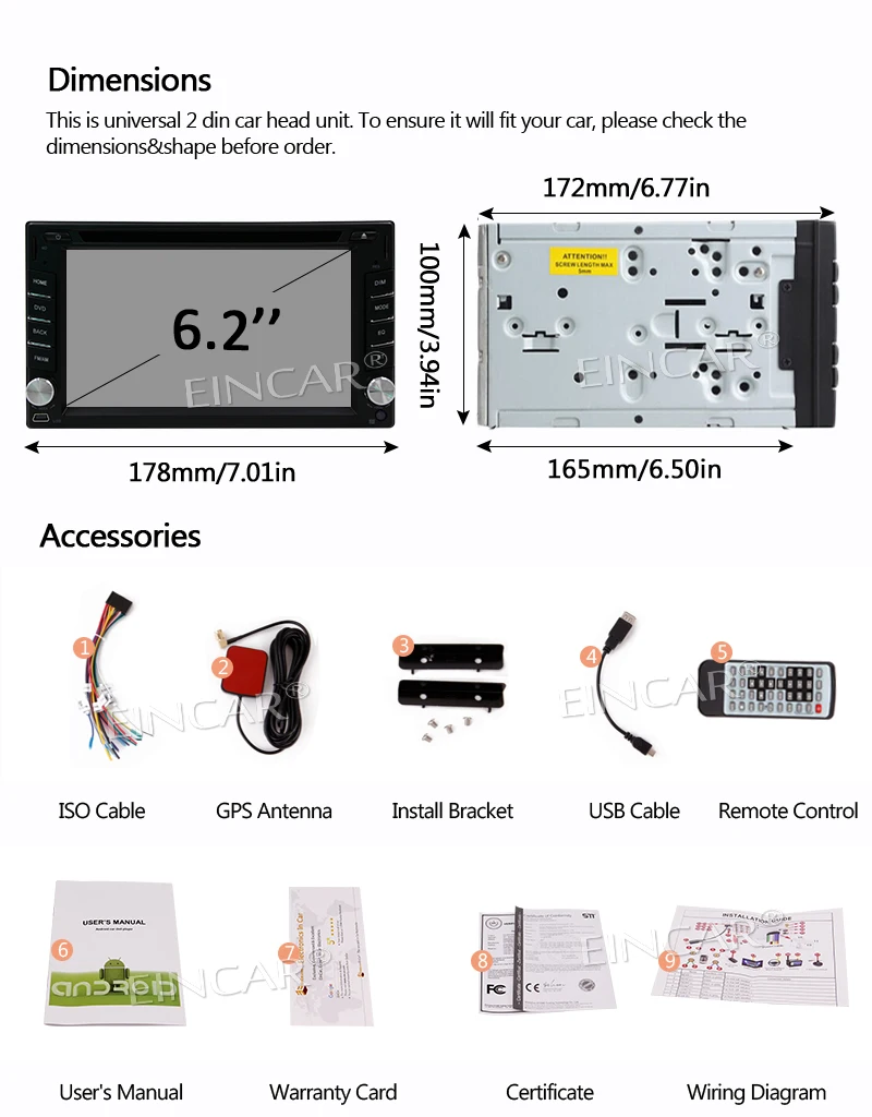 Clearance Android 6.0 Car Stereo 2 Din Bluetooth Radio Support GPS Navigation 3G/4G/Wifi USB Mirrorlink Backup Camera Aux Radio Video DVD 9