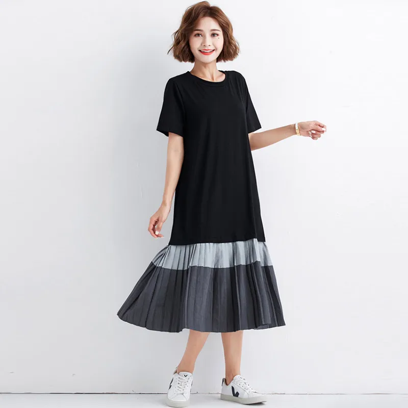 

Johnature Korean Casual Patchwork Pleated Dresses Summer New Women Clothes O-neck Short Sleeve Loose Dress Black 2019