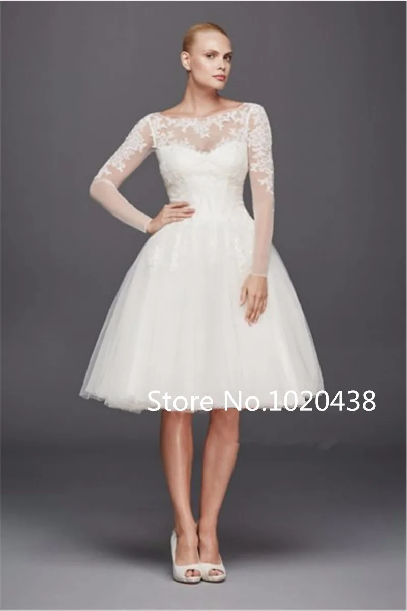 

Scoop Long Sleeved Short Wedding Dress ZP341642 Shimmering Lace Appliques Knee Length Sexy Bridal Dress