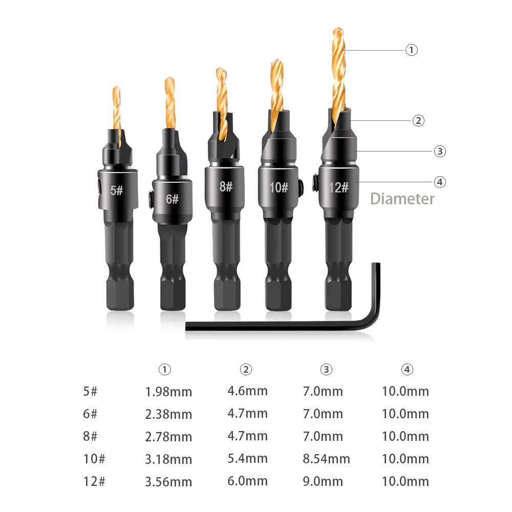 Сверла, Зенковка, сверла по дереву, деревообрабатывающие сверла, набор сверл, сверление, пилотные отверстия для винтов, Размеры#5#6#8#10#12