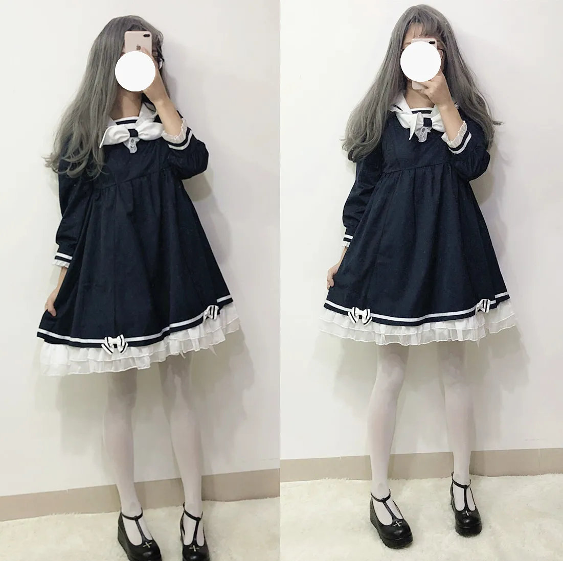 

Harajuku Sailor Collar Navy Lace Dress Japanese Lolita JK Fashion Bow Soft Sister Girl Lovely Kawaii Preppy Ruffles Dresses