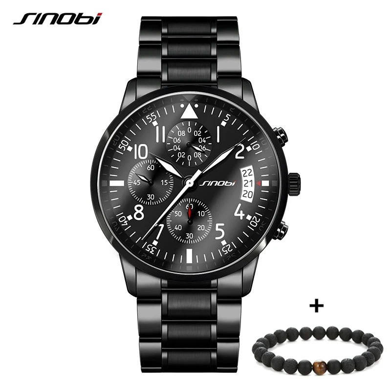 

SINOBI Top Luxury Brand New Pilot Men's Quartz Watches Multifunction Luminous Dial Stainless Steel Strap Waterproof Wristwatch