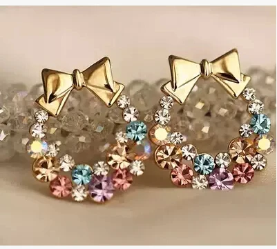 

ea344 New listing in Bohemia Fashion Exquisite shiny Colorful crystal Bow Earrings Female charm jewelry