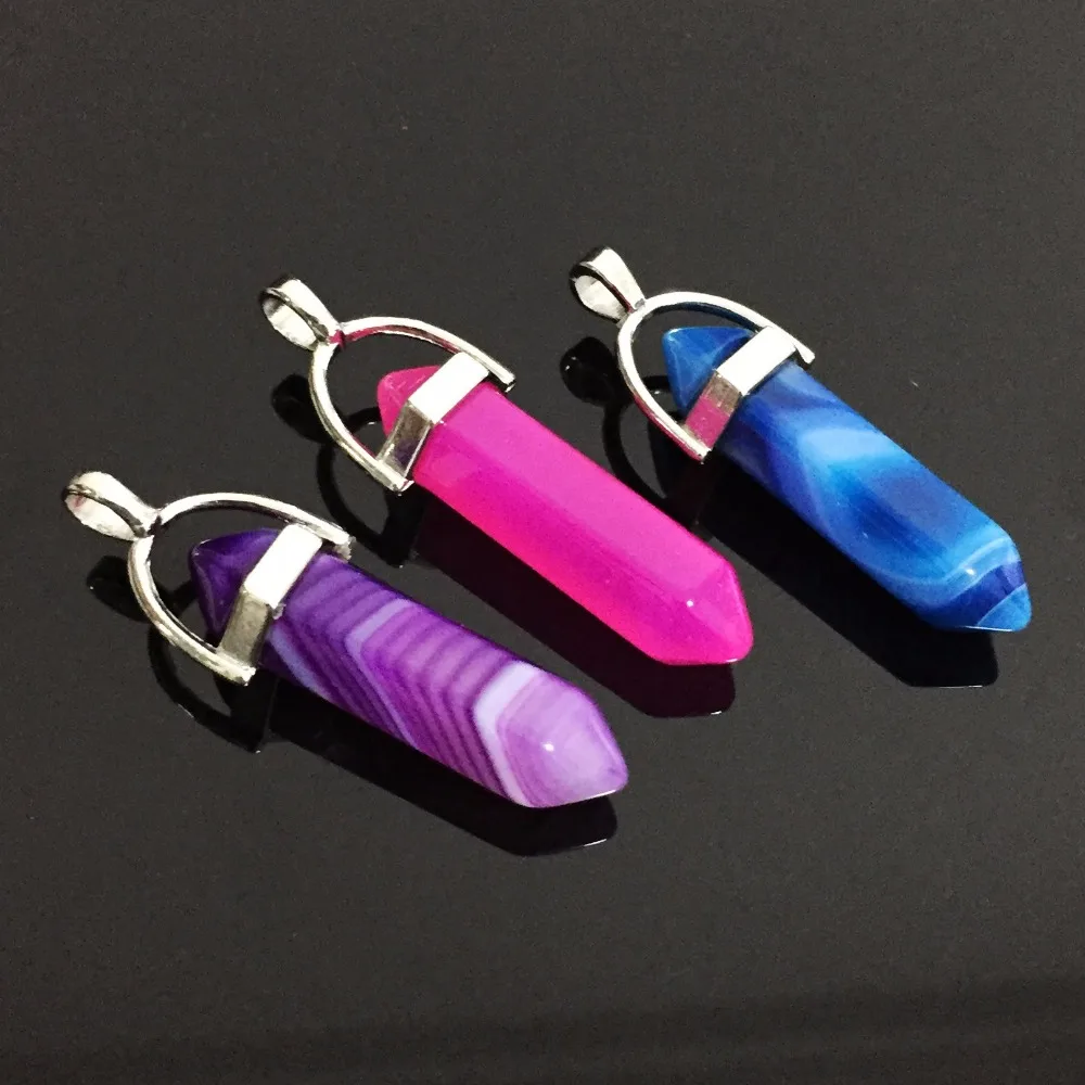 

Natural Real Agates Pendants Purple Blue Rosy Lace Bullet Hexagonal Point Pendulum Column Reiki Healing Chakra Jewelry Womens