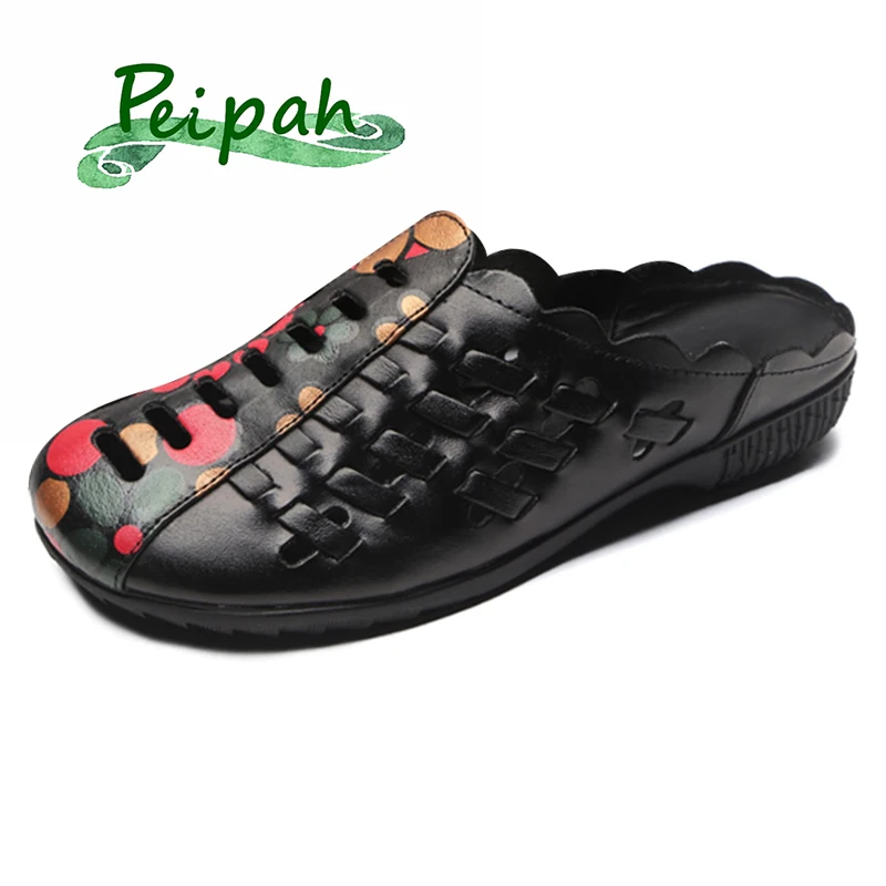 

PEIPAH Vintage Floral Slides Women Summer Slippers Genuine Leather Flat Women's Slippers Rome Style Casual Ladies Shoes