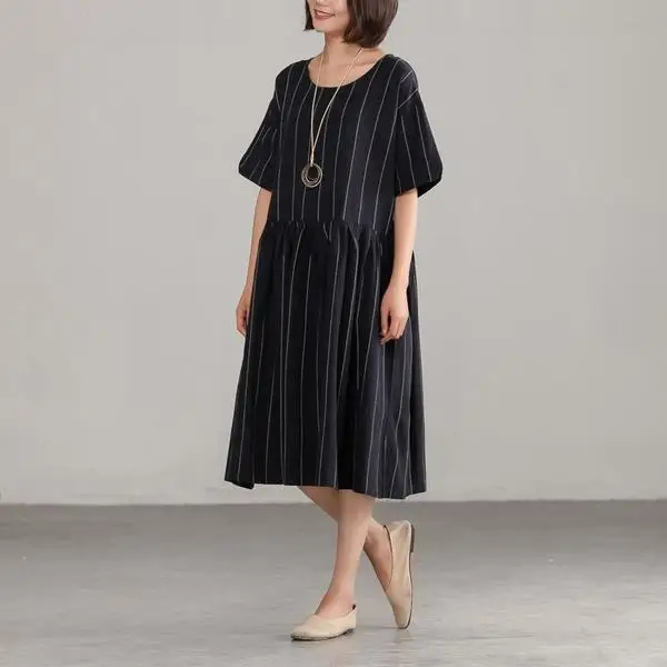 2019 Summer Vintage Retro Women Boho Beach Dress Casual Short Sleeve O-Neck Loose Dresses Elegant Black Striped Female Vestidos (2)
