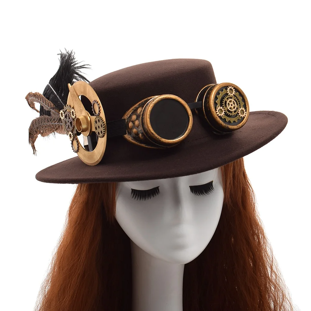 1 шт. Мужская/женская шляпа в стиле стимпанк, очки с перьями, Готическая винтажная коричневая шляпа, викторианский Косплей