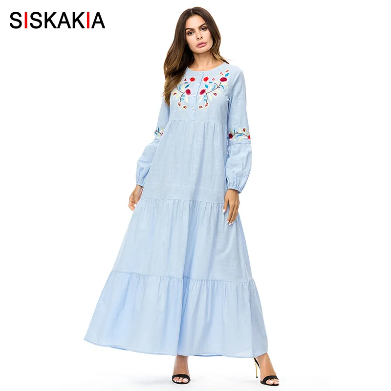 

Siskakia Maxi Dresses Single-breasted shirt long dress Chic Flower Embroidery ruffles draped patchwork design women Dress Autumn