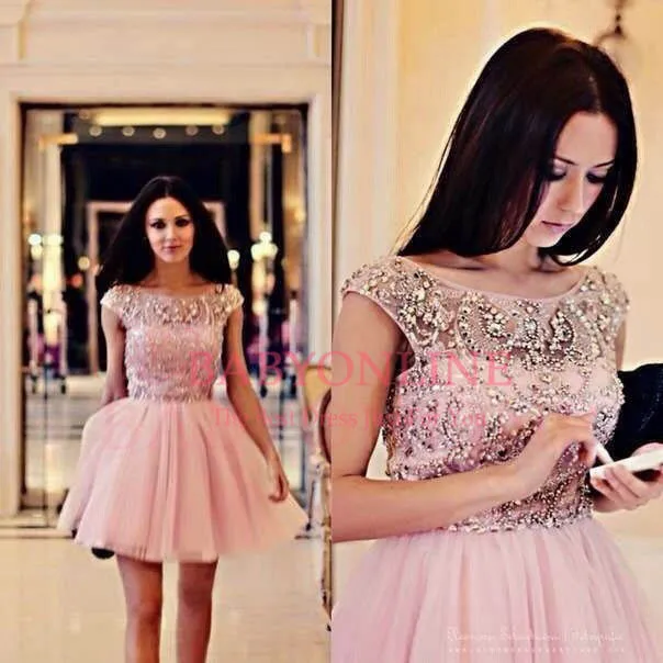 2014 New Hot Sale Crystal Beaded Pink Short Cocktail Dresses For Girls Party Dress With Sleeves BO3492 | Свадьбы и торжества