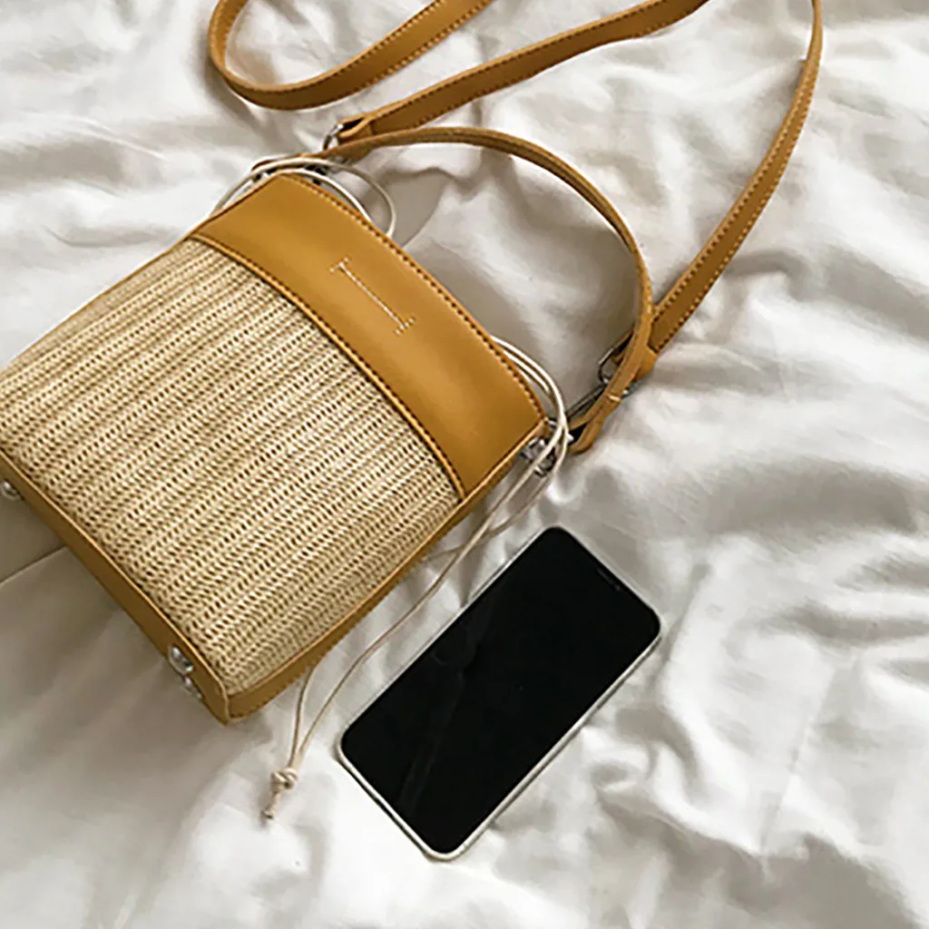 Crossbody fashion woven retro stitching casual beach bag Drawstring handbag woven bag shoulder bags A1