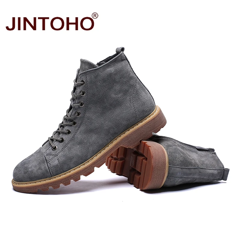 Ботинки JINTOHO мужские кожаные модные зимние сапоги брендовая мужская обувь черные