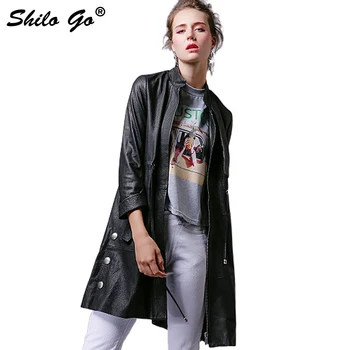 

SHILO GO Leather Trench Womens Autumn Fashion sheepskin genuine Leather long coat stand collar side metal button zipper loose