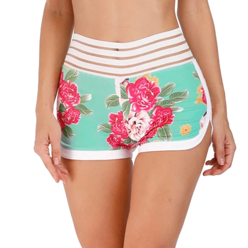 Printed Flower Fast Drying Drawstring Women Sport Running Shorts Anti Emptied Cotton Contrast