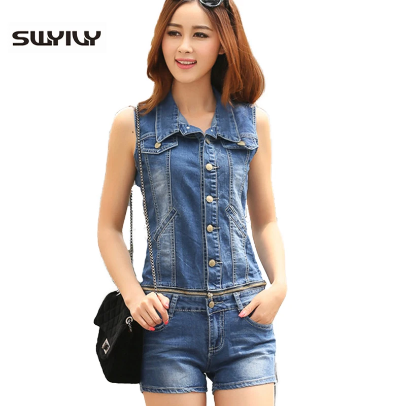 Lapel White Denim Jumpsuits Summer New Conjoined Rompers Cowboy Women