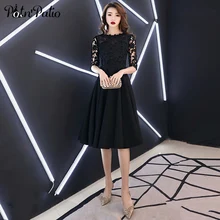 Элегантные черные короткие вечерние платья А-силуэт кружева спандекс сатин женские полуформальные платья с половинными рукавами