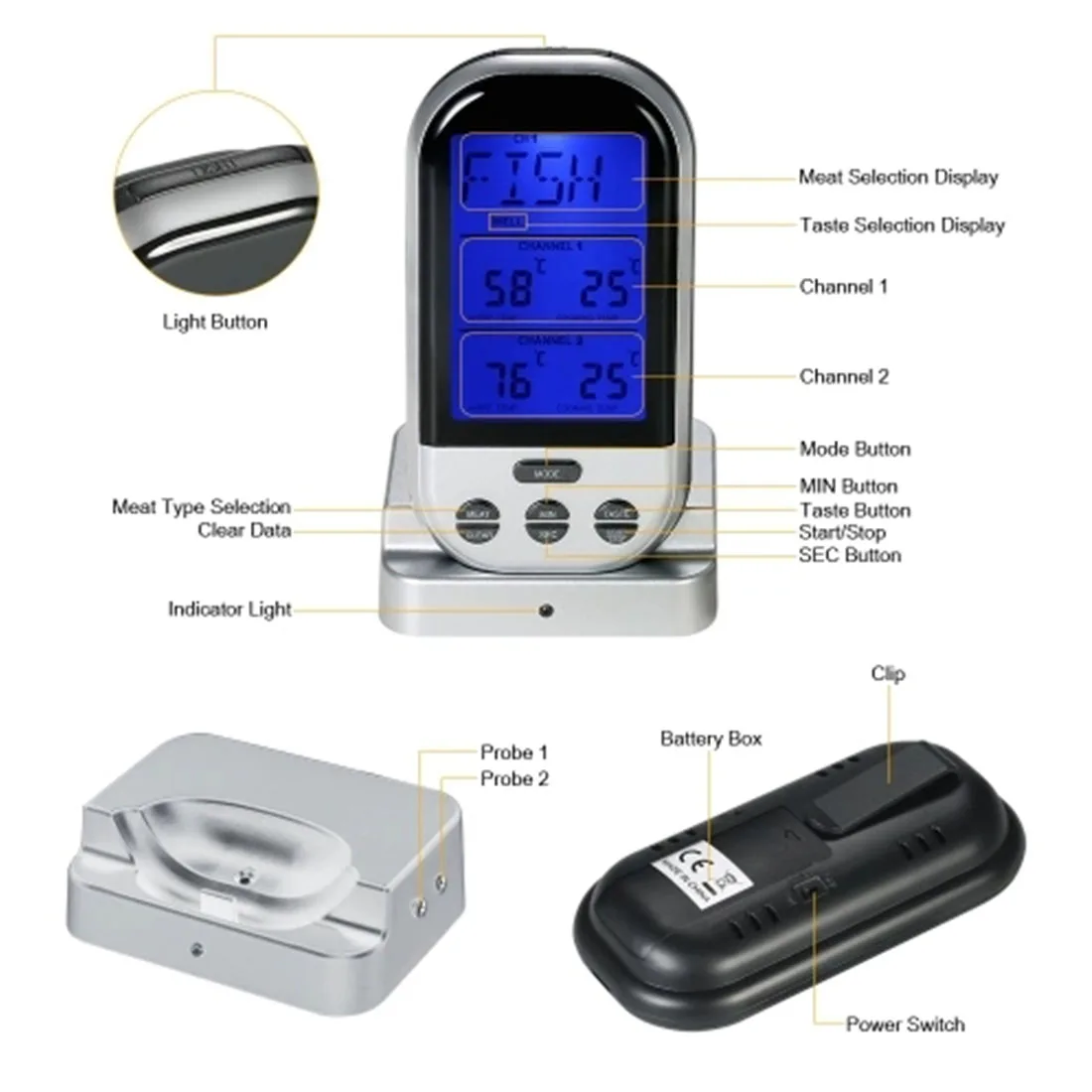 Цифровой беспроводной термометр для печи, мяса, барбекю, гриля, еды, зонд, Кухонный Термометр, инструменты для приготовления пищи с таймером, сигнализацией