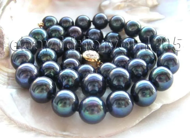 

FREE SHIPPING Natural 9.5-10.5mm Black Round Pearl Necklace Zircon! (A0511)