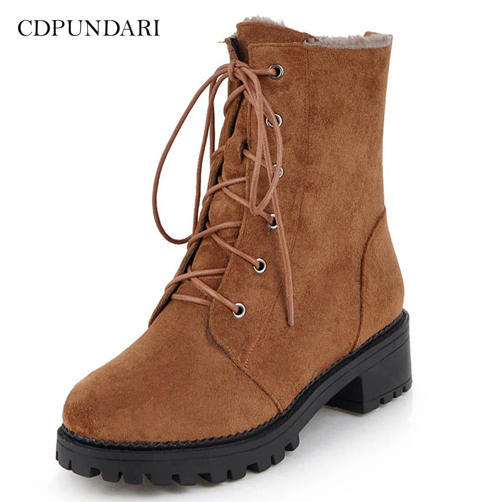 

CDPUNDARI Flock Plush Lace Up Snow Boots women Ankle boots Ladies Platform Winter boots shoes woman