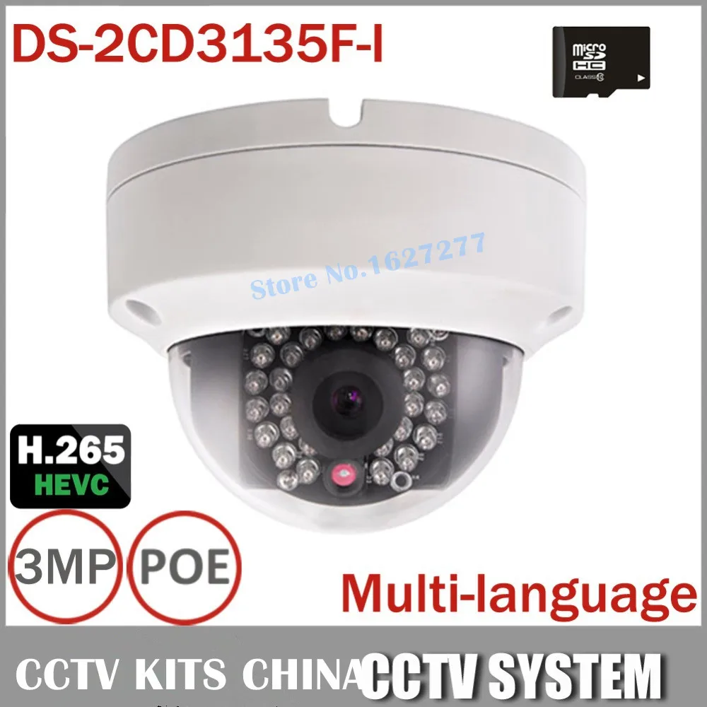  DHL Free Shipping Hikvision IP Camera DS-2CD3135F-I Full HD 3MP Support H.265 HEVC with TF Card Slot Dome POE IP CCTV Camera 