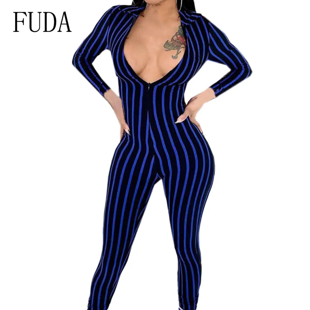

FUDA Striped Print Cropped Sleeve Skinny Sexy Jumpsuits Romper Women Combinaison Femme Summer Elegant Overalls Roupas Feminina