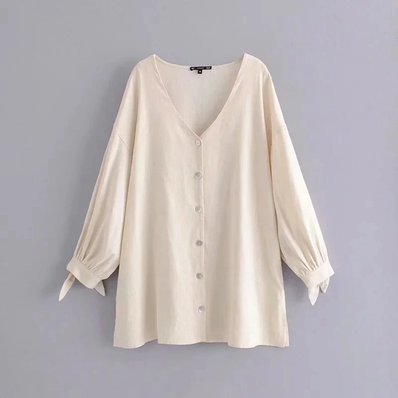 

V Neck Single Breasted Loose Blouses Womens Tops Solid Female Long Sleeve Shirt 2019 Summer Blusas Mujer S5617