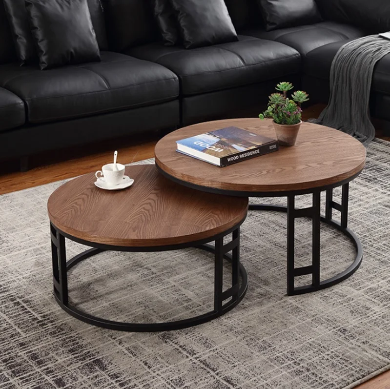 Nest Coffee Table with Metal Frame in Black / 80cm+70cm Round Plywood Top