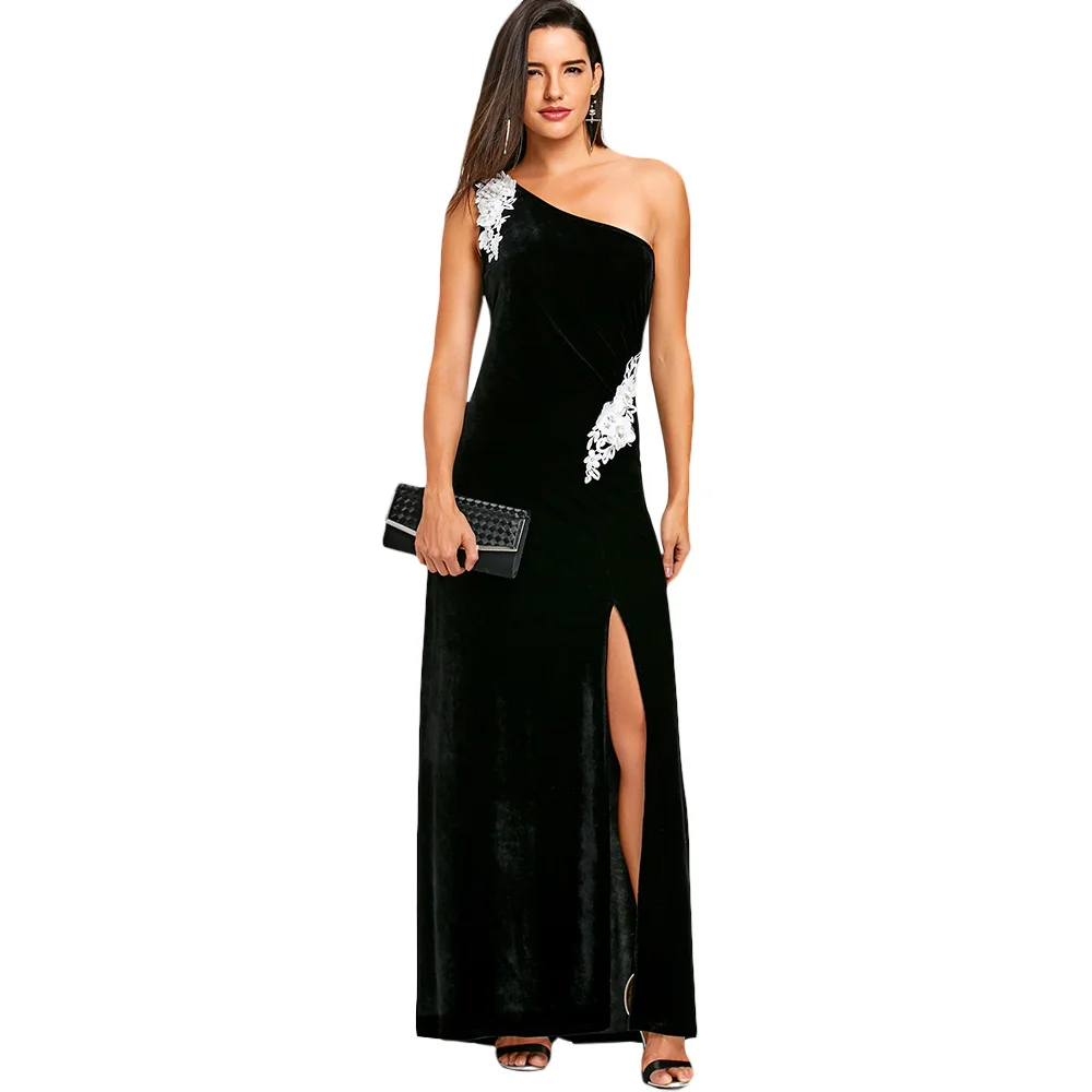 CharMma 2018 Spring Applique One Shoulder Velvet Prom Maxi Dress Women Elegant Black Sexy Floor Length