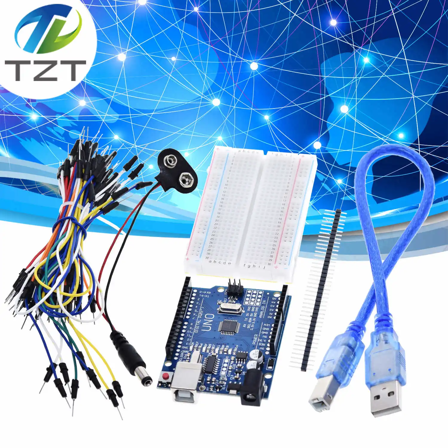 TZT стартовый комплект для arduino Uno R3-комплект из 5 предметов: Uno R3, макетная плата, перемычки, usb-кабель и разъем для аккумулятора 9 в