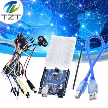 

TZT Starter Kit for arduino Uno R3 - Bundle of 5 Items: Uno R3, Breadboard, Jumper Wires, USB Cable and 9V Battery Connector