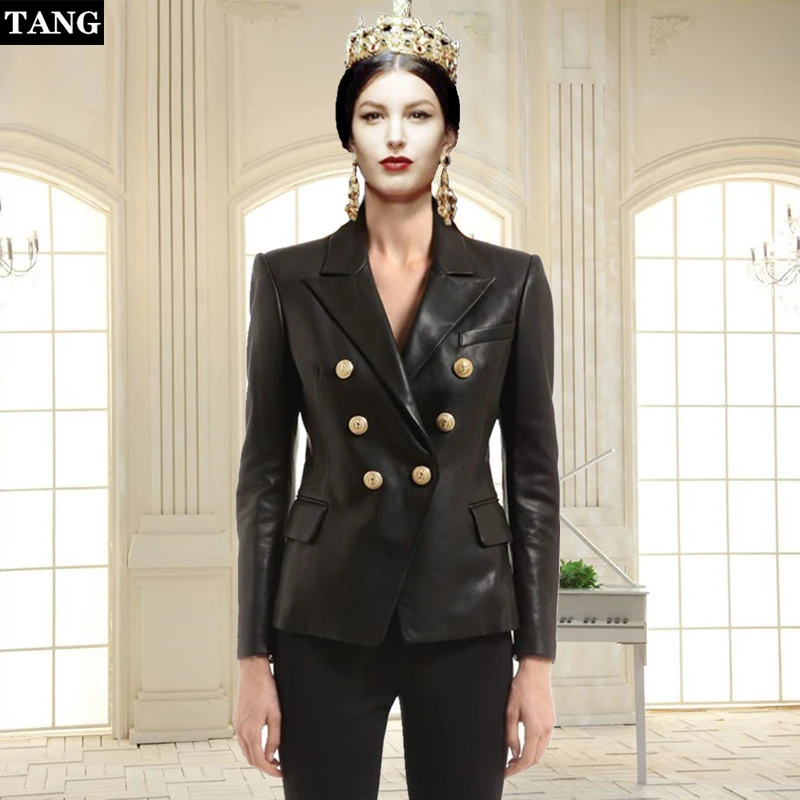Autumn Winter Women Faux Soft lion head metal buckle double-breasted slim Leather Jackets Pu Black Blazer Zippers Coat  (6)