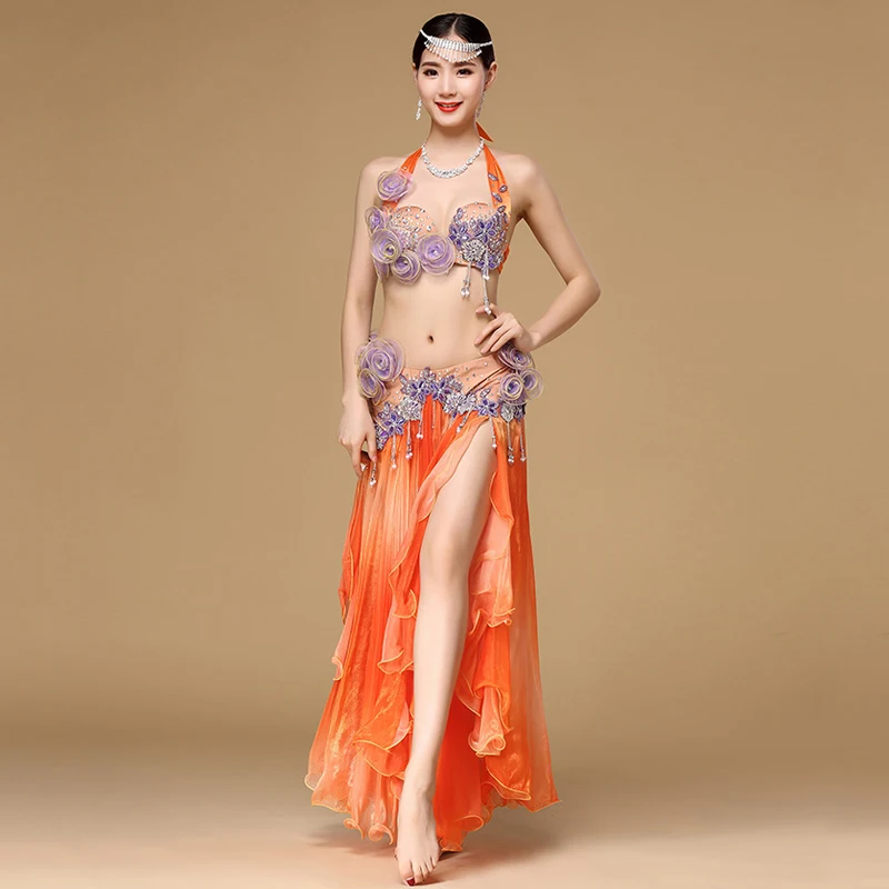 

Women Dancewear Performance Egyptian Bellydance Clothes Outfit C/D Cup Maxi Skirt Orange Belly Dance Costume Set 2pcs
