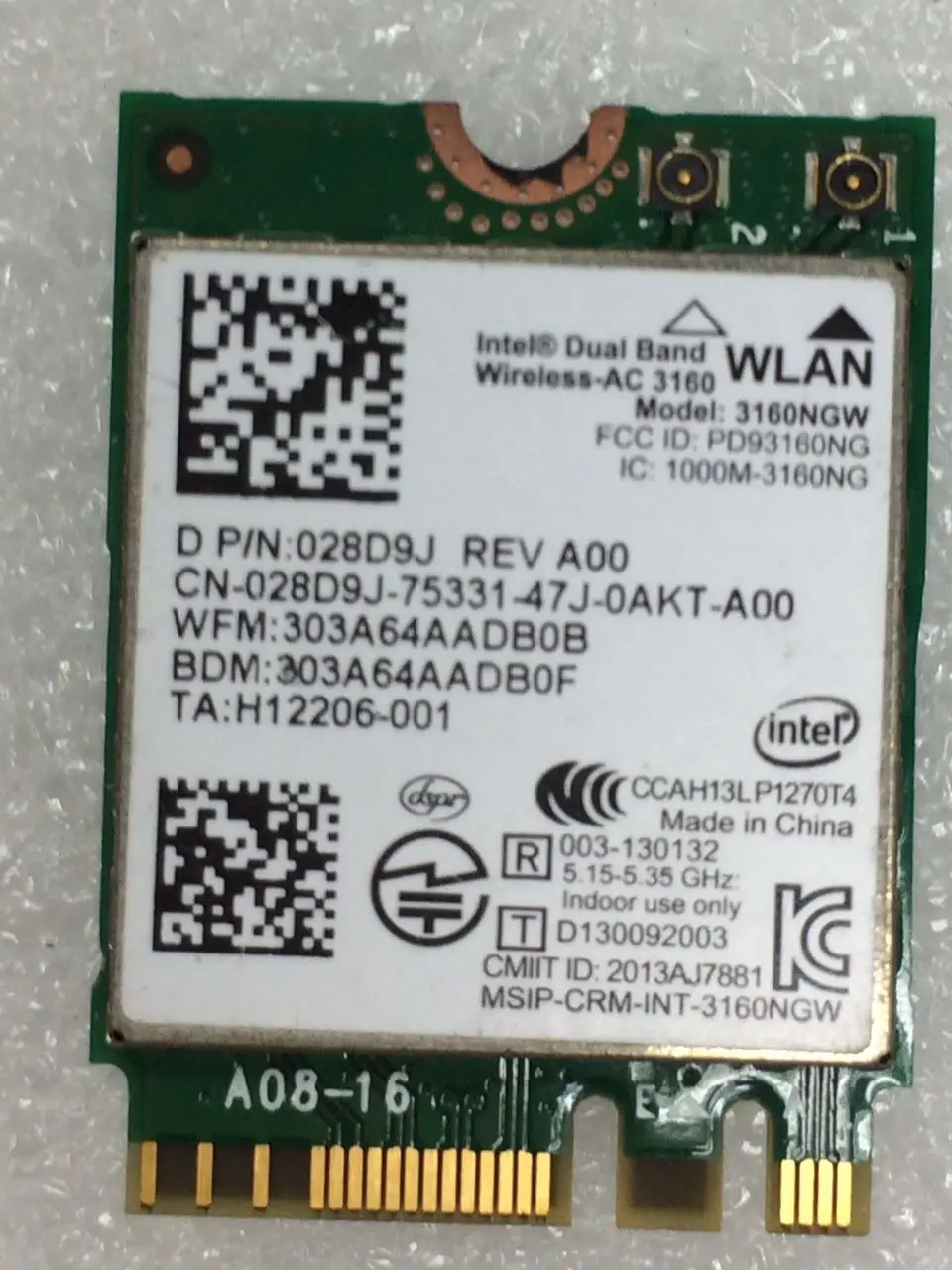 Для Intel Dual Band wireless-AC 3160NGW AC3160 3160NGWAC D/PN: 028D9J NGFF Wlan+ BT4.0 433 Мбит/с беспроводная карта для ноутбука DELL