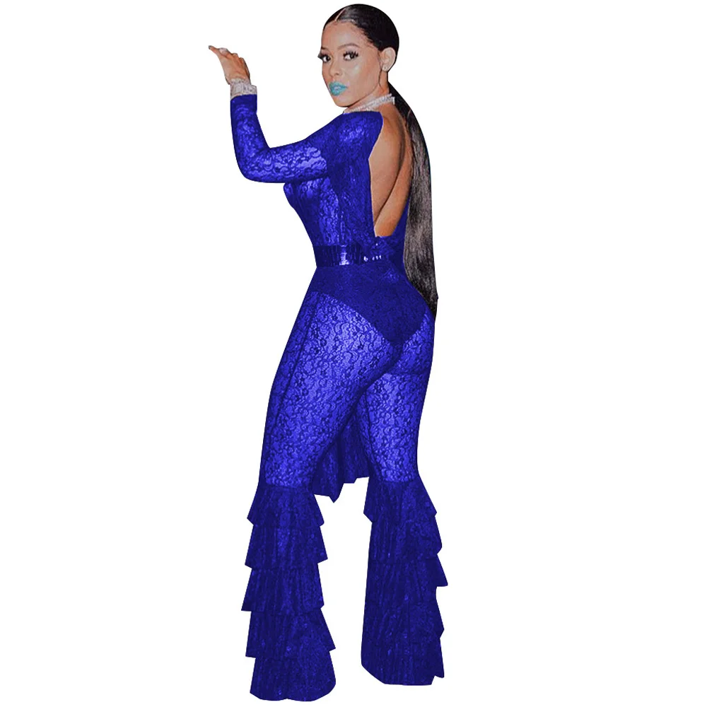 Women Lace Patchwork Elegant Overalls Long Sleeve Cascading Ruffles Lantern Bandage Jumpsuit Vintage See Through Rompers
