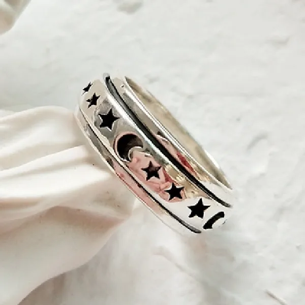 Ретро Лунная Звезда серебряное кольцо 925 серебряное кольцо для женщин ювелирные изделия вращающееся кольцо на палец для вечеринки подарок Черная пятница предложения - Цвет основного камня: black