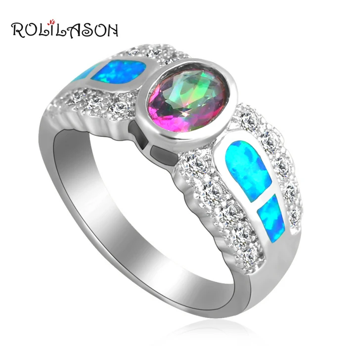 

ROLILASON Gorgeous Rainbow Zircon Inlay Blue fire Opal Silver White Crystal fashion Jewelry Rings USA Ring for women OR641